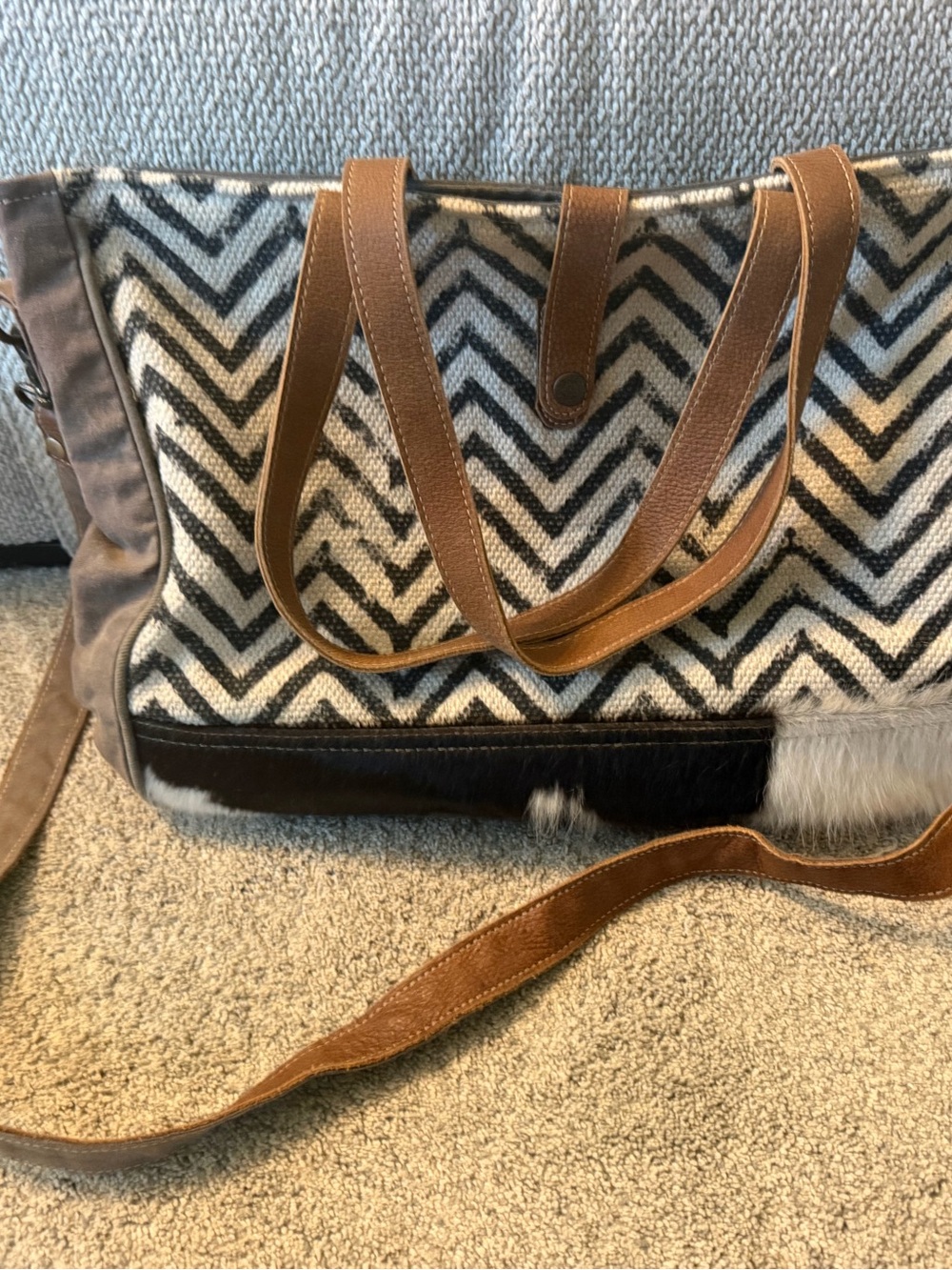 Myra Bag Black & White Chevron Tote with Brown Straps